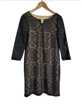 Emma & Michele Black Medallion Crochet Lace Dress Tan Illusion Underlay Size M